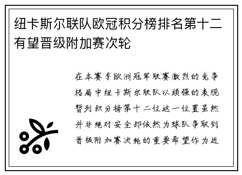 纽卡斯尔联队欧冠积分榜排名第十二有望晋级附加赛次轮 纽卡斯尔联队欧冠积分榜排名第十二有望晋级附加赛次轮