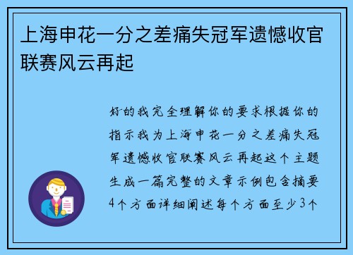上海申花一分之差痛失冠军遗憾收官联赛风云再起 上海申花一分之差痛失冠军遗憾收官联赛风云再起